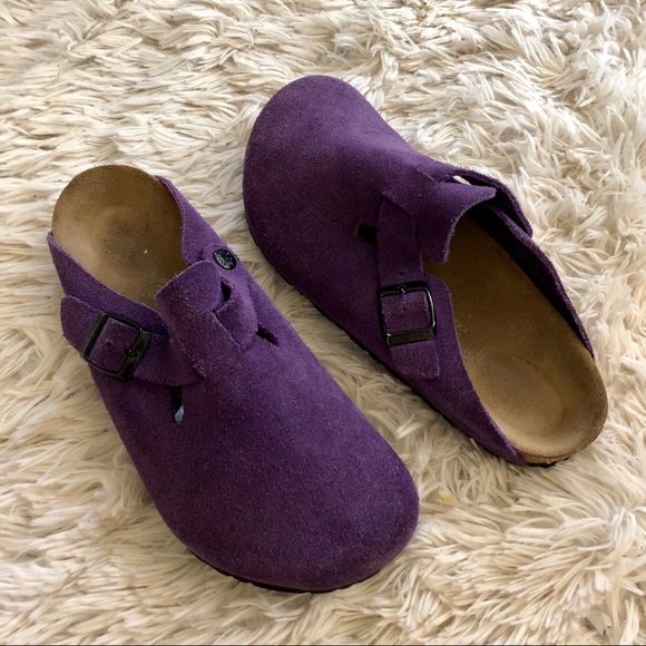 purple birkenstock clogs
